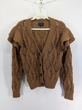 Driftwood Brown V Neck Cable Chunky Knit Cardigan Ruffled Shoulders Cotton M